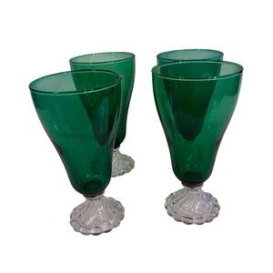 Set Of 4 Vintage Anchor Hocking Emerald Pedestal Glasses On Beaded Base. 7” Tall